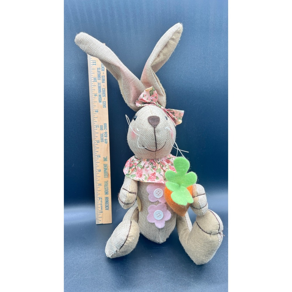 Rustic Burlap Easter Bunny Figurine Articulating Floral Bow Carrot 12.5" Rabbit